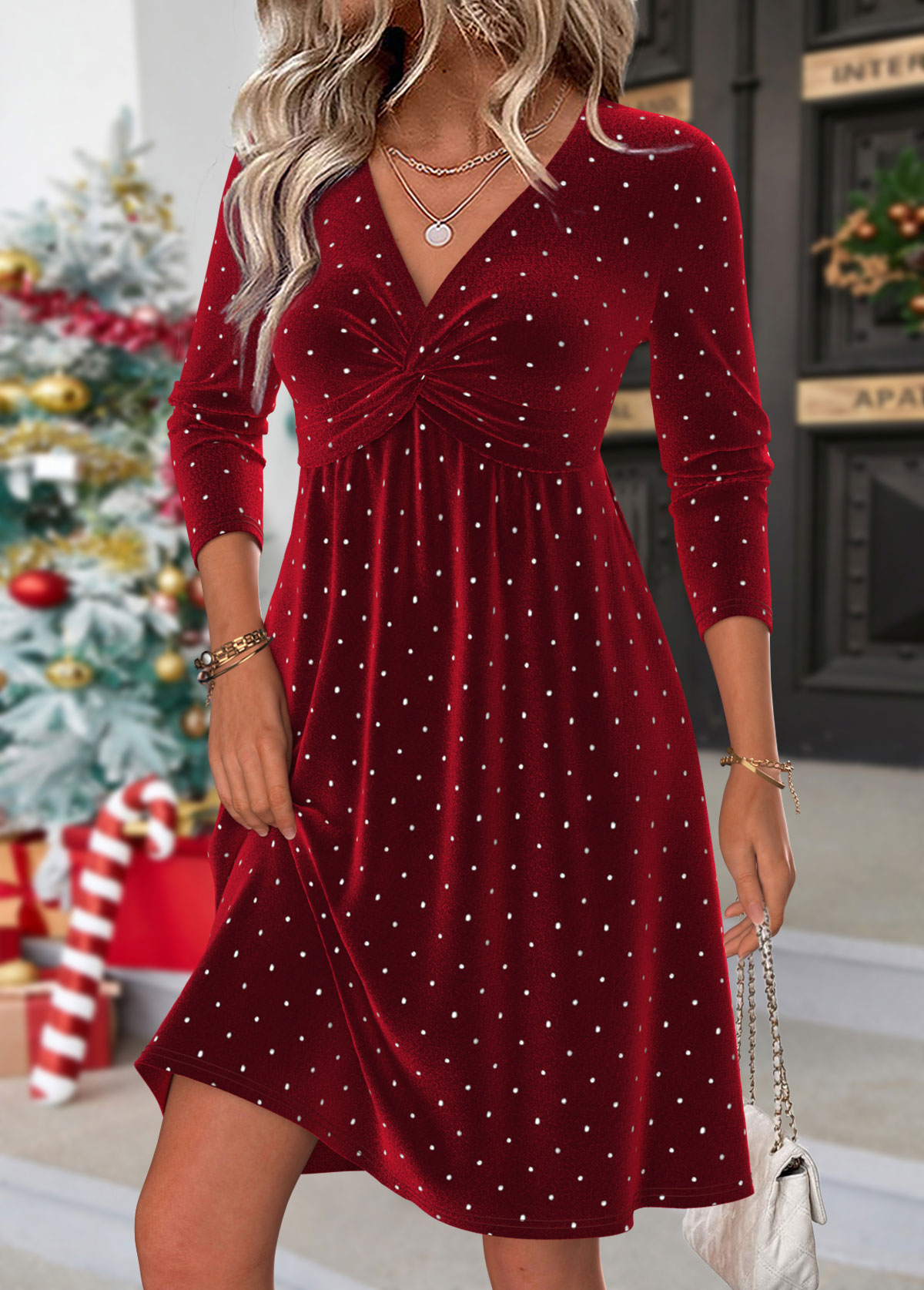 Wine Red Tummy Coverage Short Long Sleeve Dress | picture 