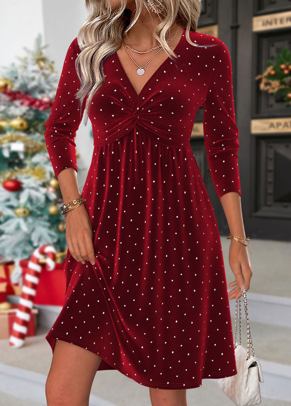 Wine Red Tummy Coverage Short Long Sleeve Dress | picture 