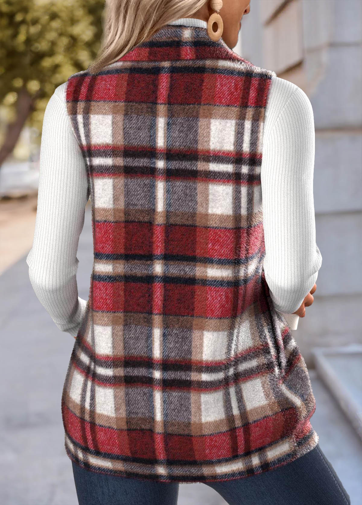Red Double Side Pockets Plaid Sleeveless Stand Collar Waistcoat | picture 