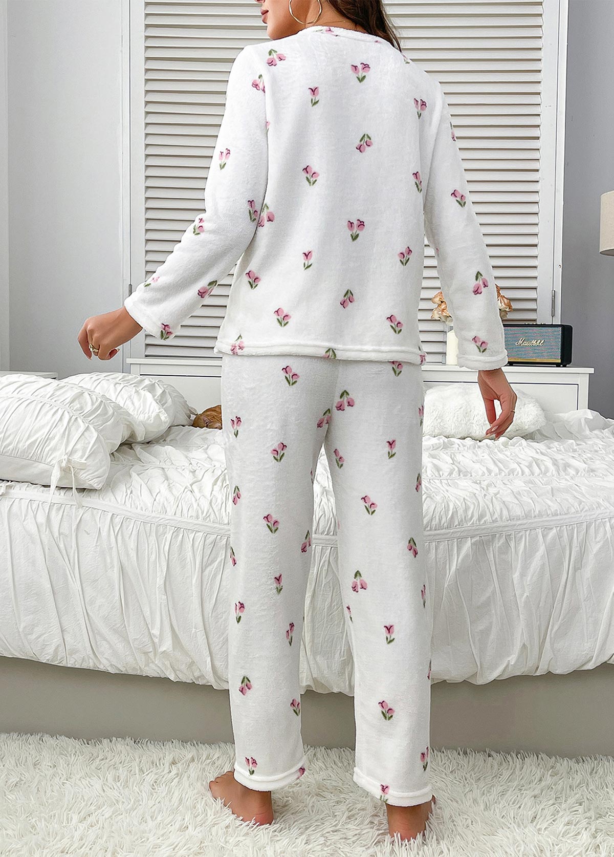 White Floral Print Long Sleeve Lounge Top and Pants | picture 