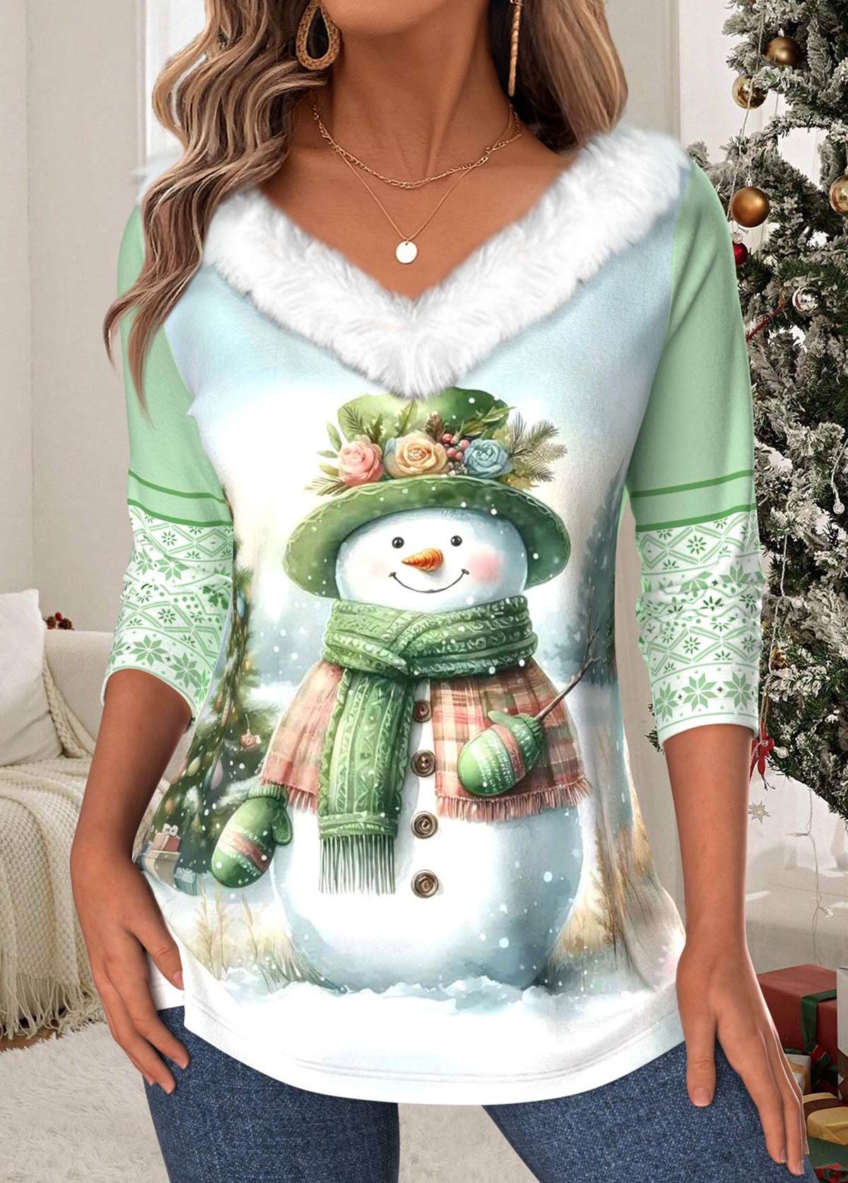 Christmas Light Green Tummy Coverage Long Sleeve T Shirt | picture 