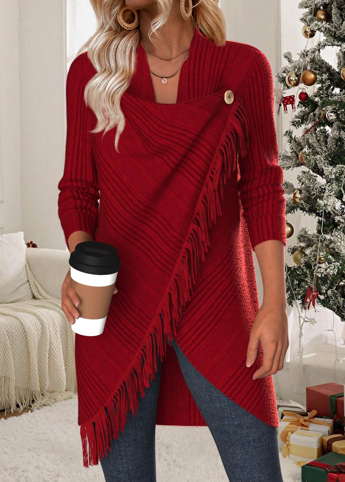 Wine Red Tummy Coverage Long Sleeve Draped Neck Coat | picture 