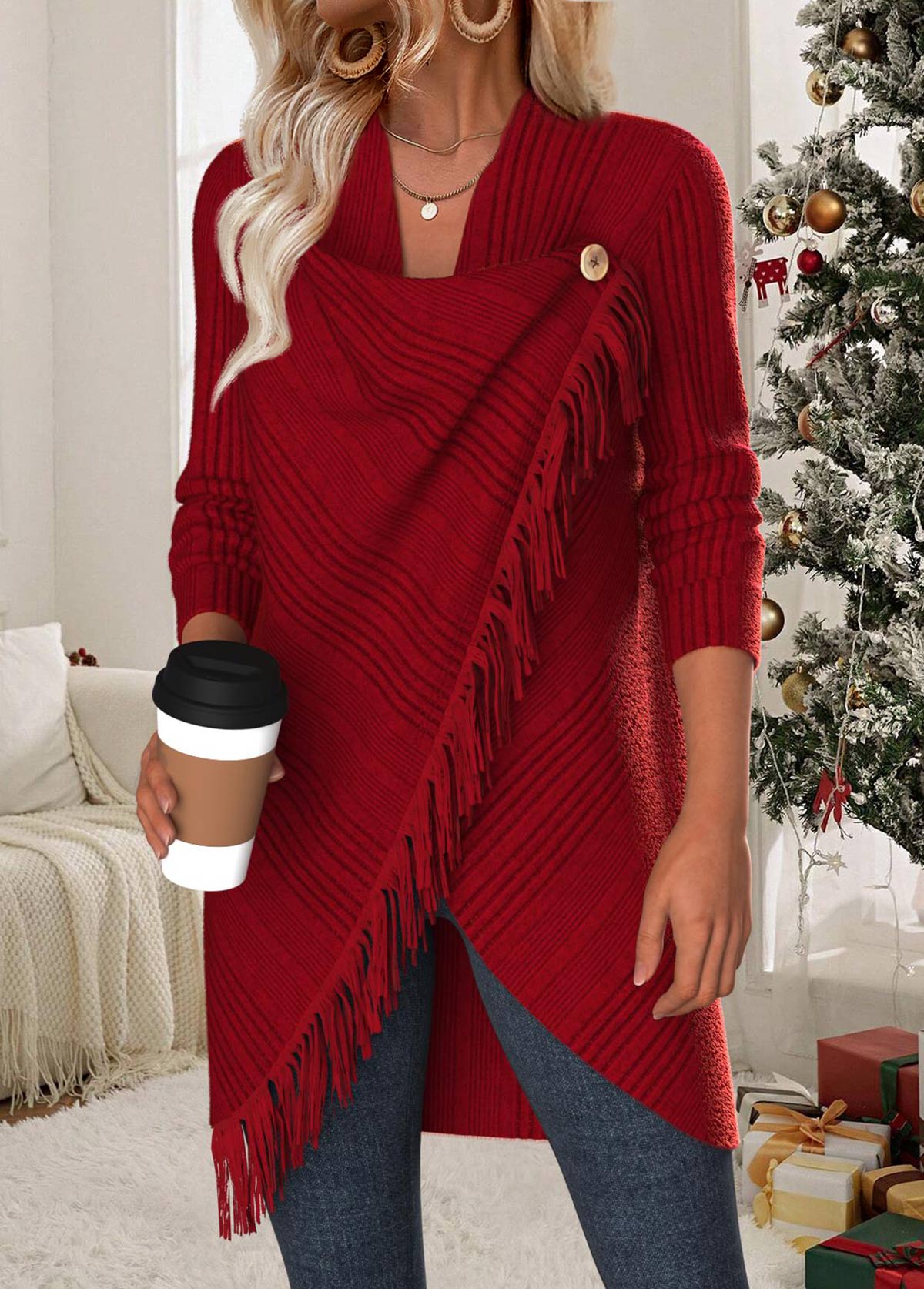 Wine Red Tummy Coverage Long Sleeve Draped Neck Coat | picture 