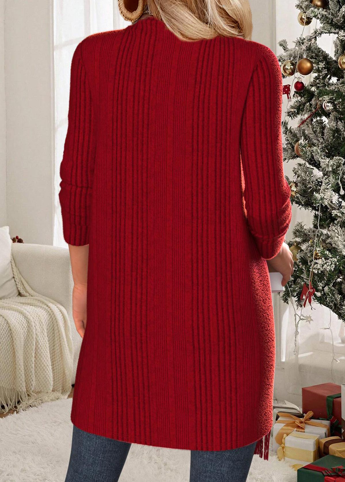 Wine Red Tummy Coverage Long Sleeve Draped Neck Coat | picture 