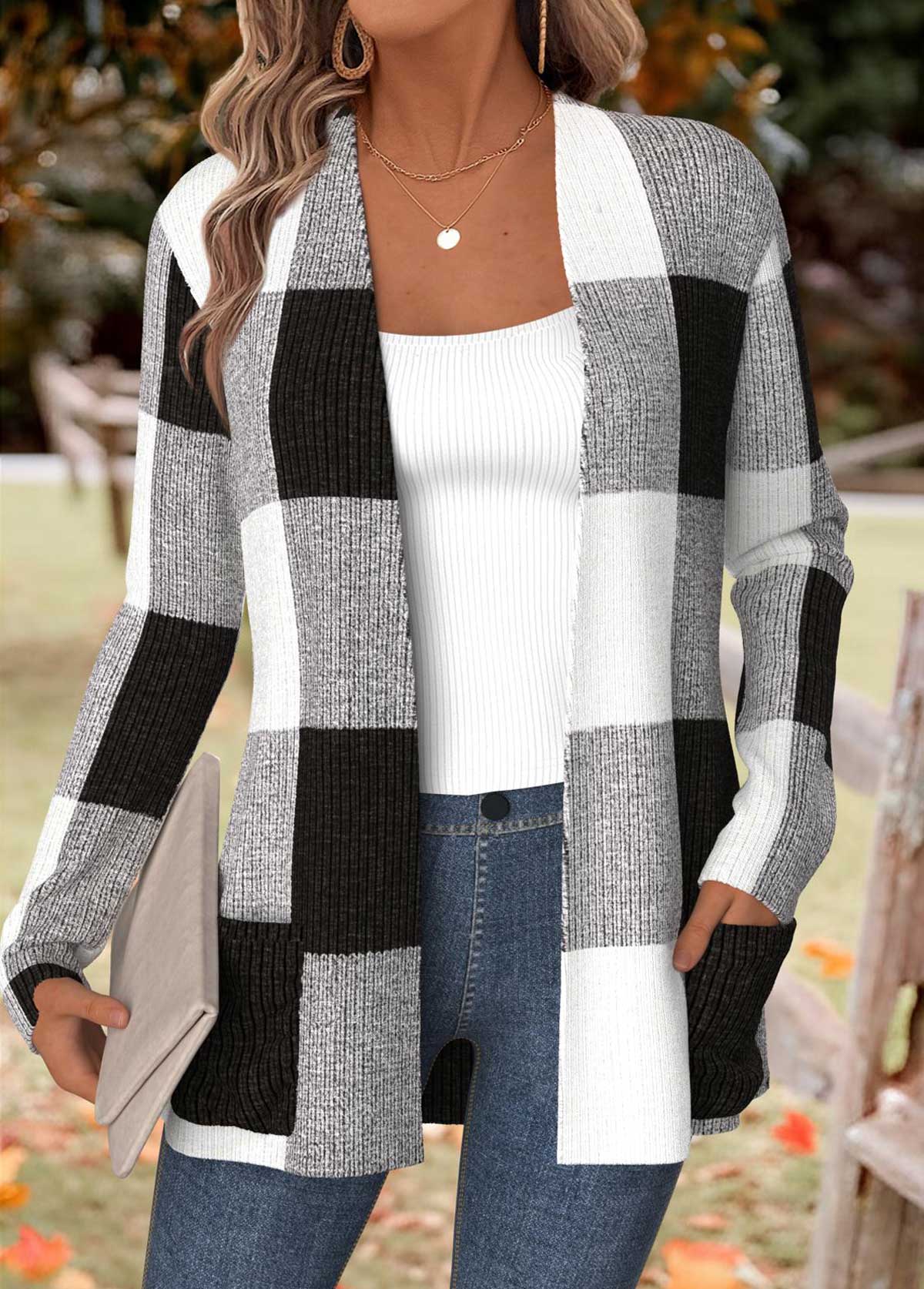 Black Tummy Coverage Plaid Long Sleeve Coat | picture 