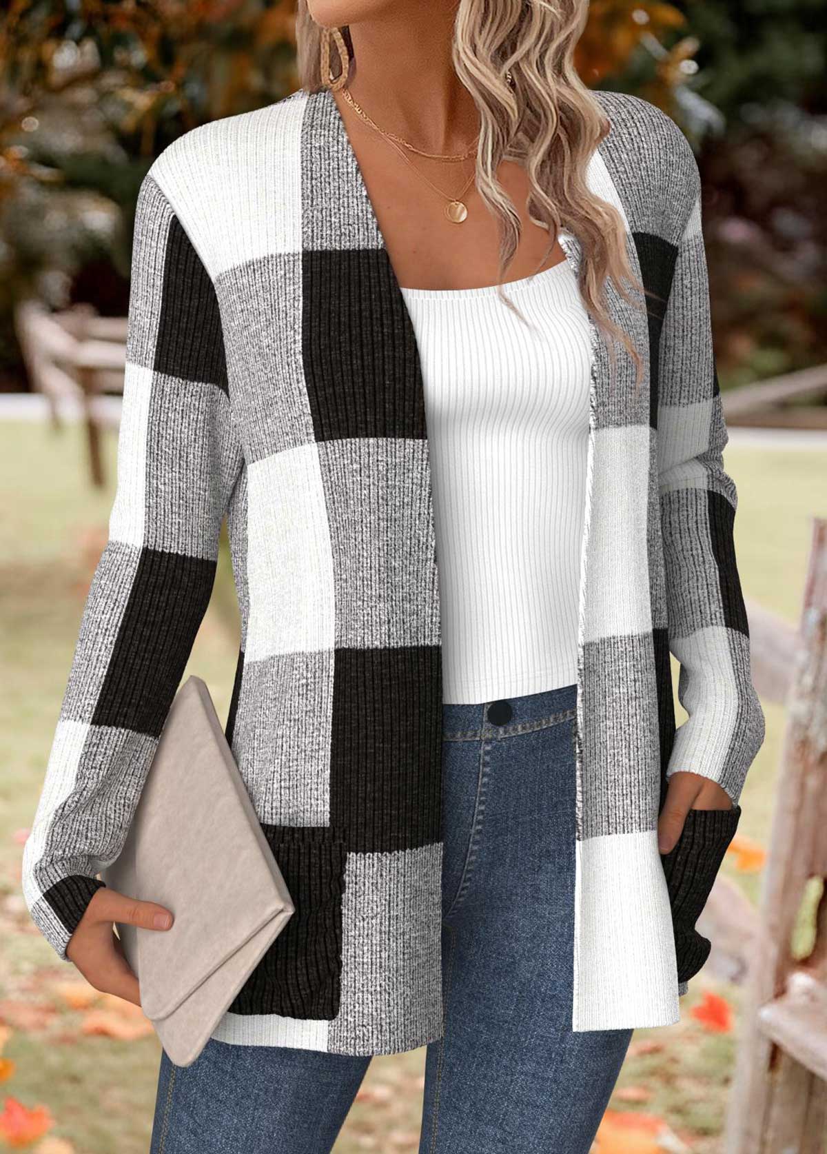 Black Tummy Coverage Plaid Long Sleeve Coat | picture 