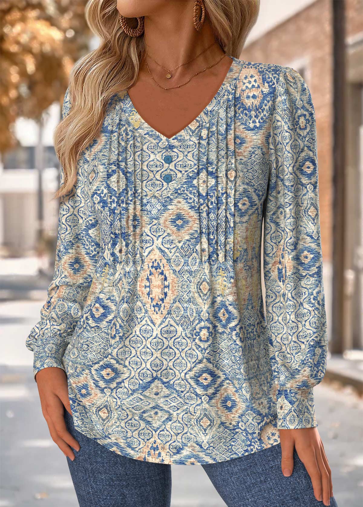 Blue Tuck Stitch Tribal Print Long Sleeve T Shirt | picture 