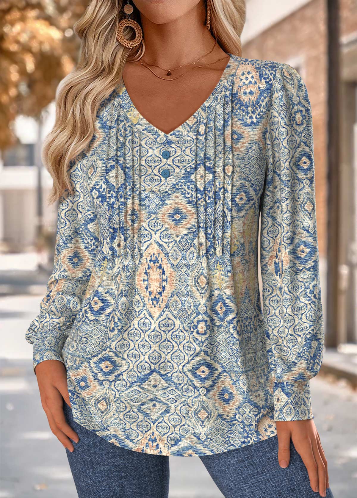 Blue Tuck Stitch Tribal Print Long Sleeve T Shirt | picture 
