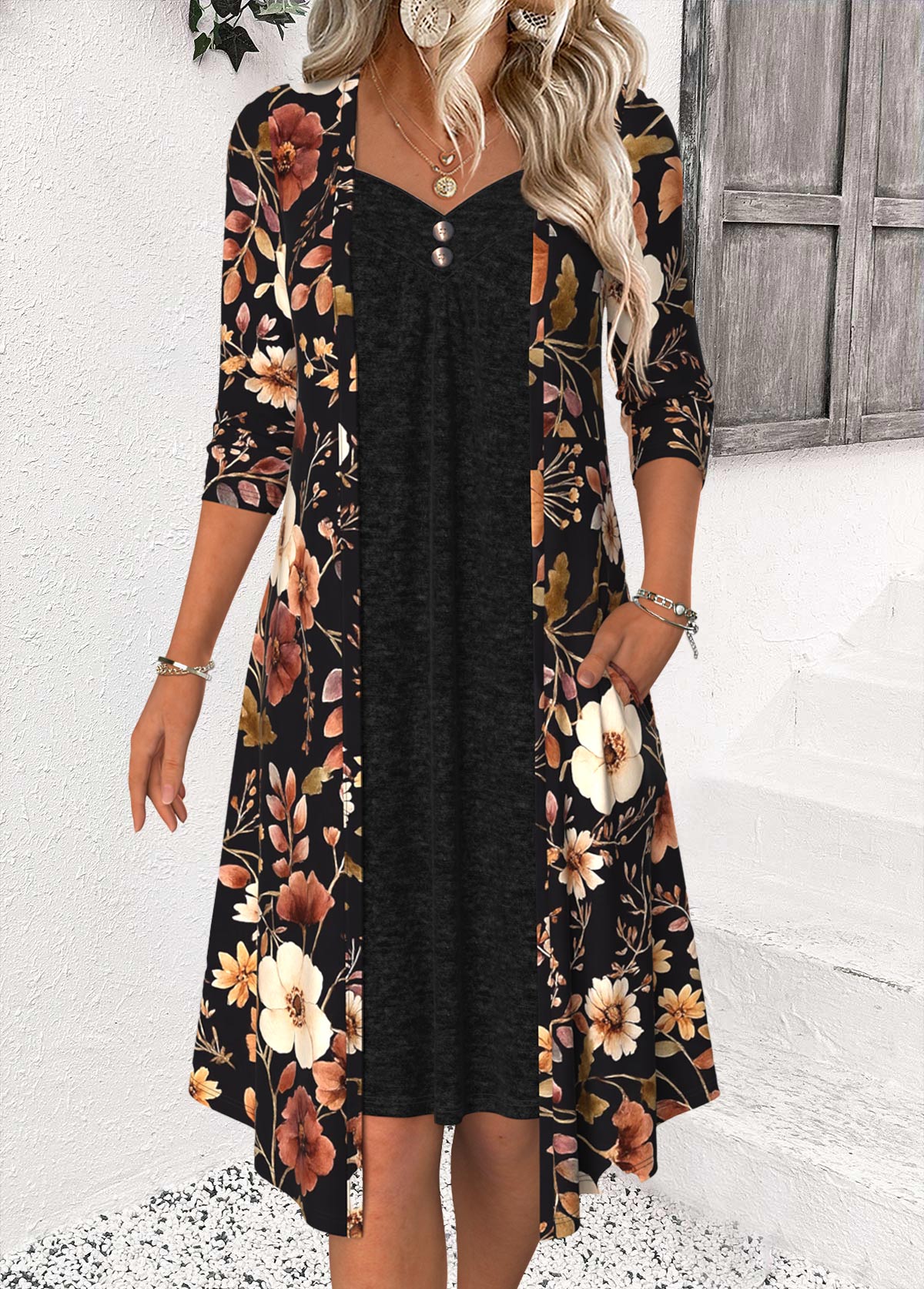Black Tummy Coverage Floral Print Long Sleeve Dress | picture 