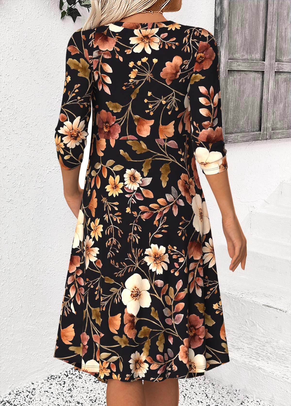 Black Tummy Coverage Floral Print Long Sleeve Dress | picture 
