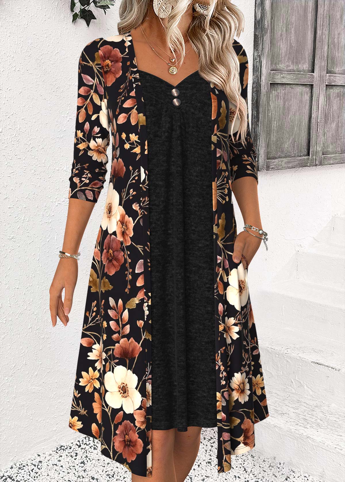 Black Tummy Coverage Floral Print Long Sleeve Dress | picture 