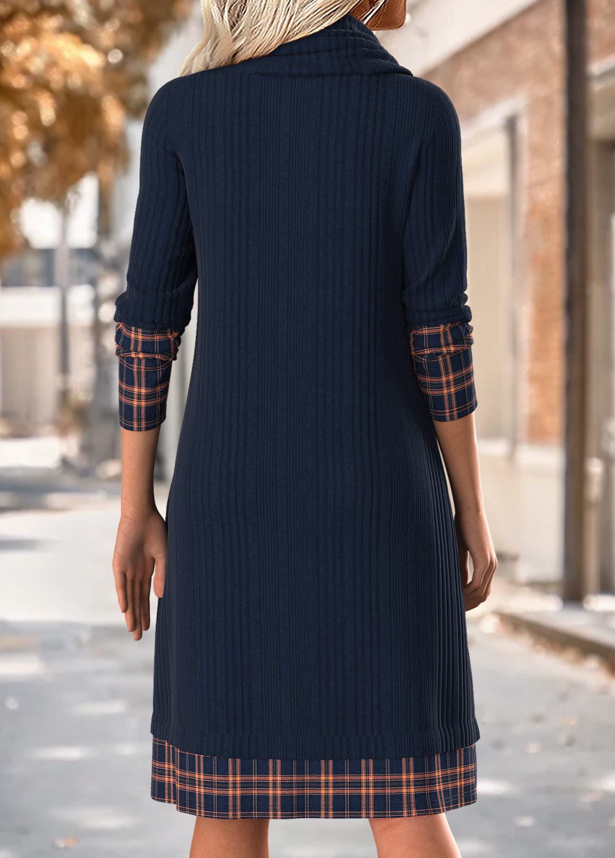 Navy Tummy Coverage Plaid Long Sleeve Cowl Neck Dress | picture 