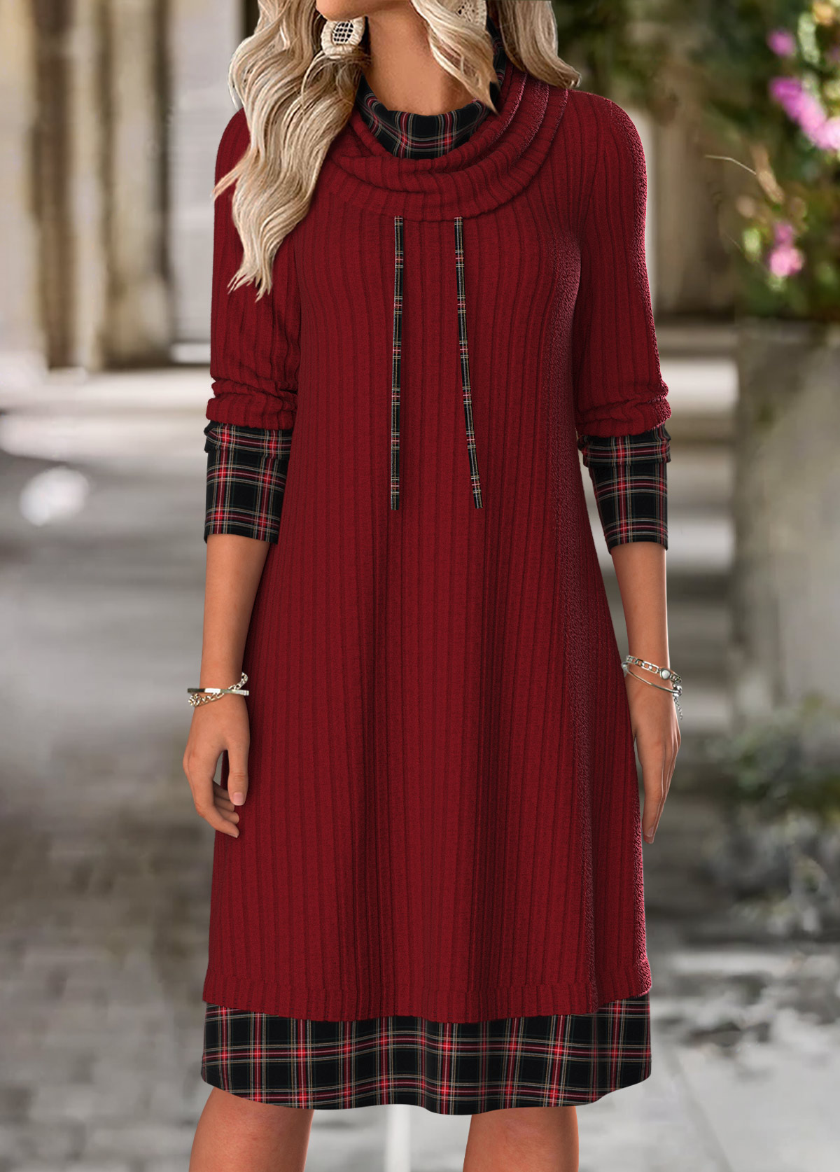 Wine Red Tummy Coverage Plaid Long Sleeve Dress | picture 