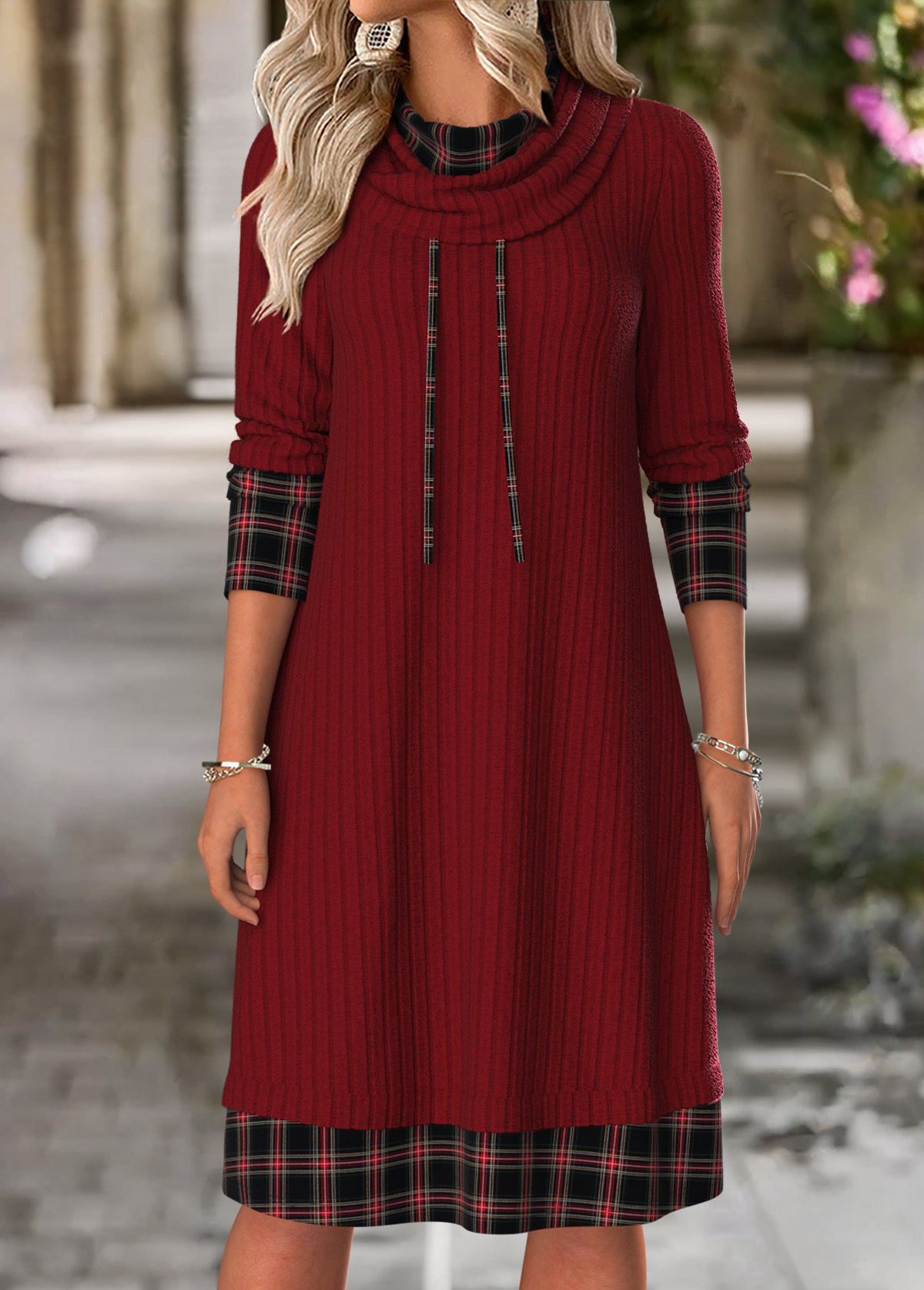 Wine Red Tummy Coverage Plaid Long Sleeve Dress | picture 