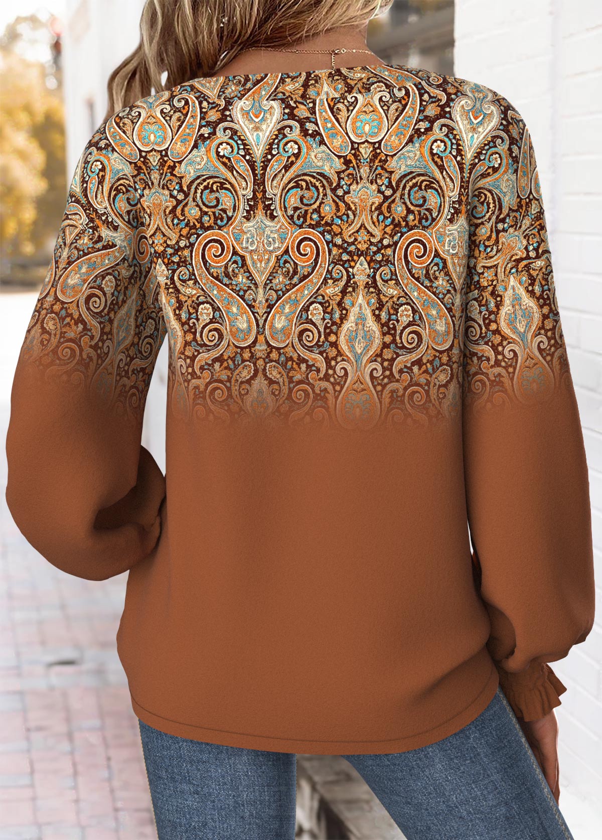 Dark Coffee Curved Hem Tribal Print Long Sleeve Sweatshirt | picture 