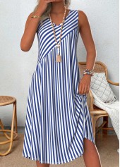 Blue Patchwork Striped A Line Sleeveless V Neck Dress