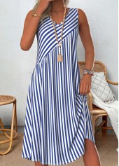 Blue Patchwork Striped A Line Sleeveless V Neck Dress | thumb picture 