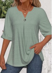 Green Button 3/4 Sleeve Split Neck Blouse