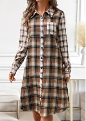 Dark Coffee Button Plaid A Line Long Sleeve Dress | thumb picture 
