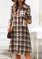 Dark Coffee Button Plaid A Line Long Sleeve Dress