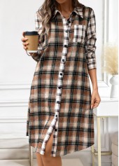 Dark Coffee Button Plaid A Line Long Sleeve Dress | thumb picture 
