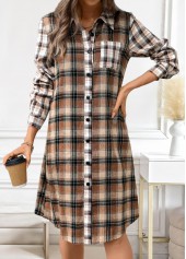 Dark Coffee Button Plaid A Line Long Sleeve Dress | thumb picture 