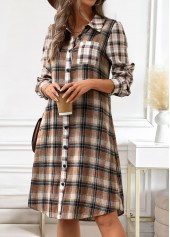 Dark Coffee Button Plaid A Line Long Sleeve Dress | thumb picture 
