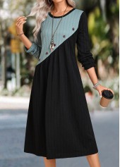 Black Patchwork A Line Long Sleeve Round Neck Dress