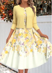 Light Yellow Two Piece Floral Print Dress and Cardigan
