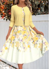 Light Yellow Two Piece Floral Print Dress and Cardigan | thumb picture 