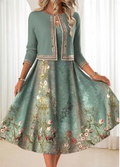 Sage Green Two Piece Floral Print Dress and Cardigan