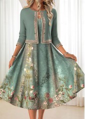 Sage Green Two Piece Floral Print Dress and Cardigan | thumb picture 