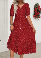 Red Polka Dot Short Sleeve V Neck Dress