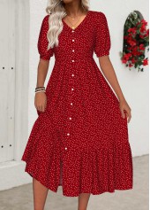 Red Polka Dot Short Sleeve V Neck Dress