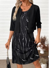Black Tummy Coverage Polka Dot Dress and Cardigan