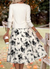 Beige Floral Print Long Sleeve Dress and Cardigan | thumb picture 