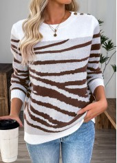 White Button Long Sleeve Round Neck Sweater