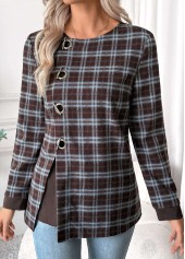 Dark Coffee Tummy Coverage Plaid Long Sleeve Blouse
