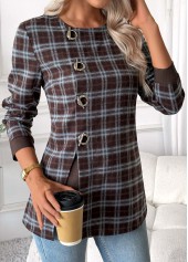 Dark Coffee Tummy Coverage Plaid Long Sleeve Blouse