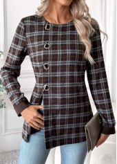 Dark Coffee Tummy Coverage Plaid Long Sleeve Blouse
