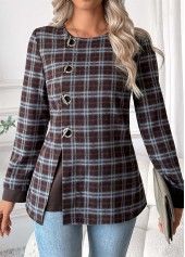 Dark Coffee Tummy Coverage Plaid Long Sleeve Blouse