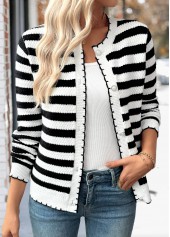 Black Button Striped Long Sleeve Cardigan