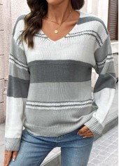 Grey Tummy Coverage Striped Long Sleeve V Neck Sweater