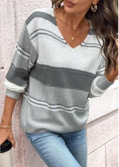 Grey Tummy Coverage Striped Long Sleeve V Neck Sweater | thumb picture 