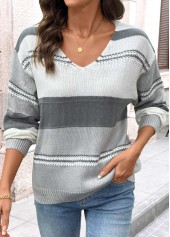 Grey Tummy Coverage Striped Long Sleeve V Neck Sweater | thumb picture 