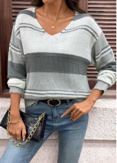 Grey Tummy Coverage Striped Long Sleeve V Neck Sweater | thumb picture 