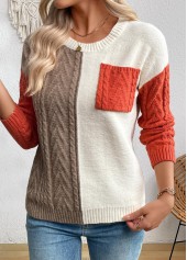 Multi Color Patchwork Long Sleeve Round Neck Sweater