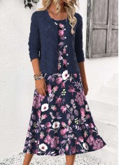 Navy Tummy Coverage Floral Print Dress and Cardigan