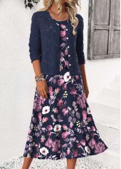 Navy Tummy Coverage Floral Print Dress and Cardigan | thumb picture 