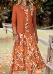 Orange Tummy Coverage Random Floral Print Dress and Cardigan